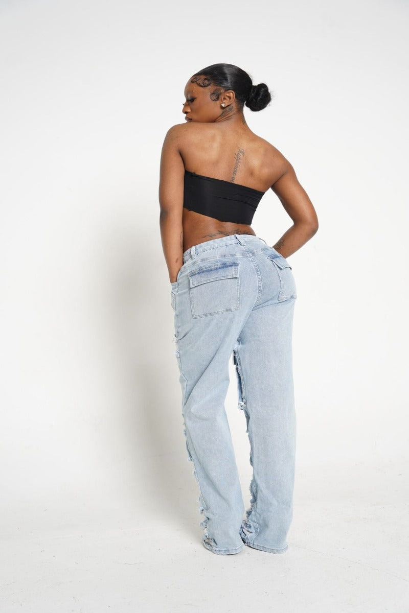 Light Wash Ripped Cargo High Waist Denim Jeans