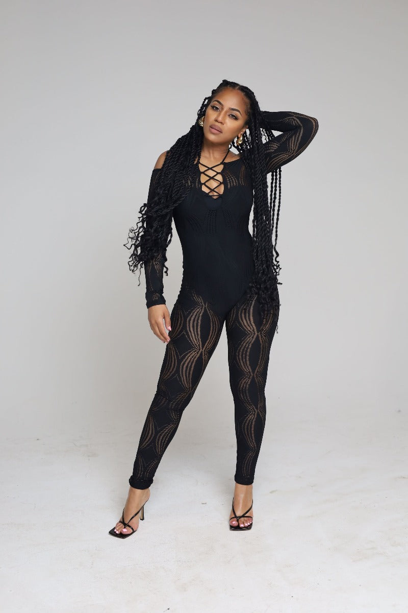Leah Cutout Black Halter Long Sleeve Catsuit