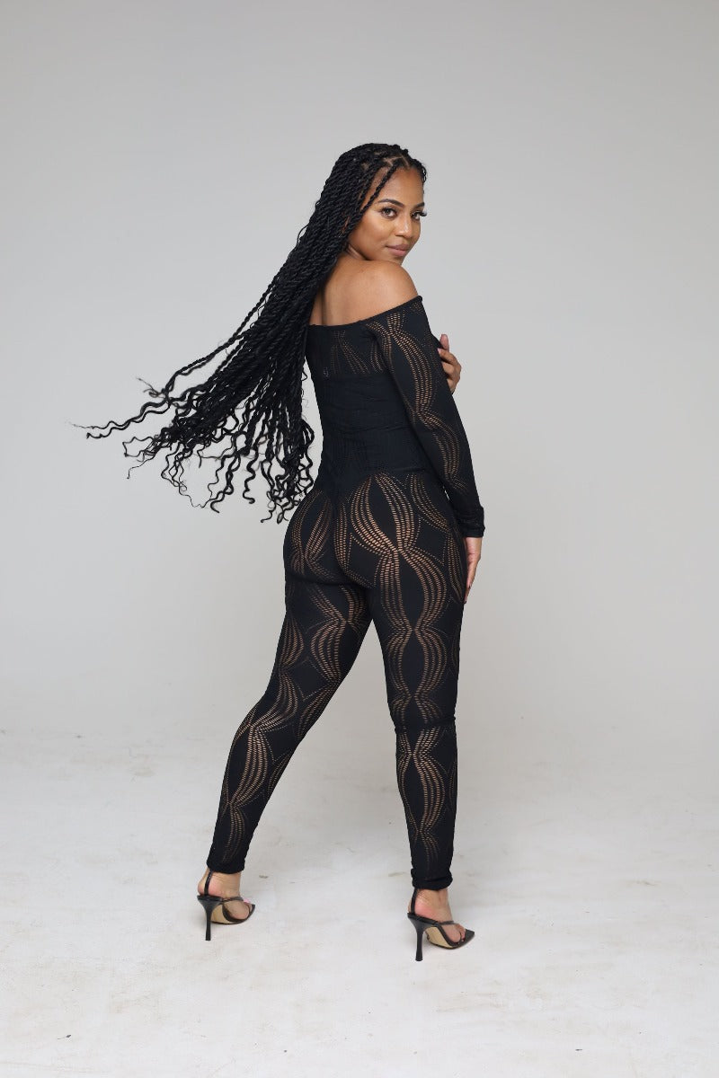 Leah Cutout Black Halter Long Sleeve Catsuit