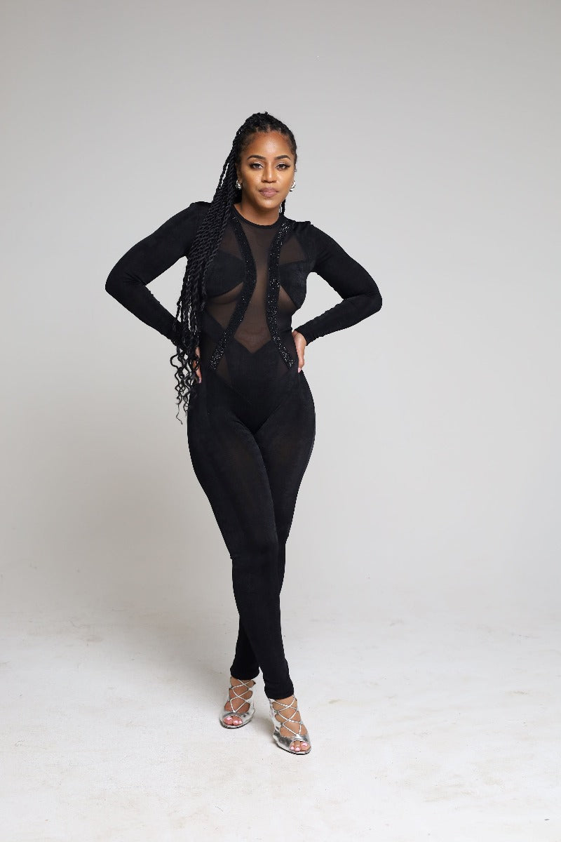 Embellished Mesh Catsuit