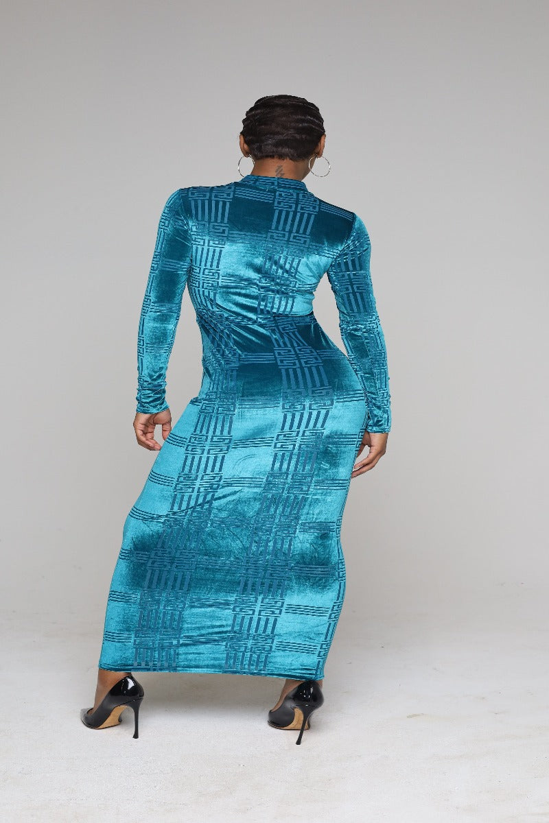Turquoise Velvet Long Sleeve Mock Neck Midi Dress