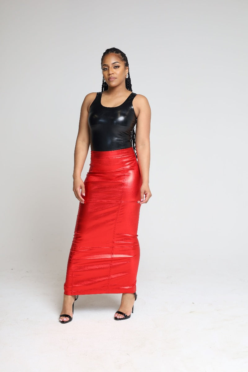 Coated Black Fitted Denim Maxi Skirt
