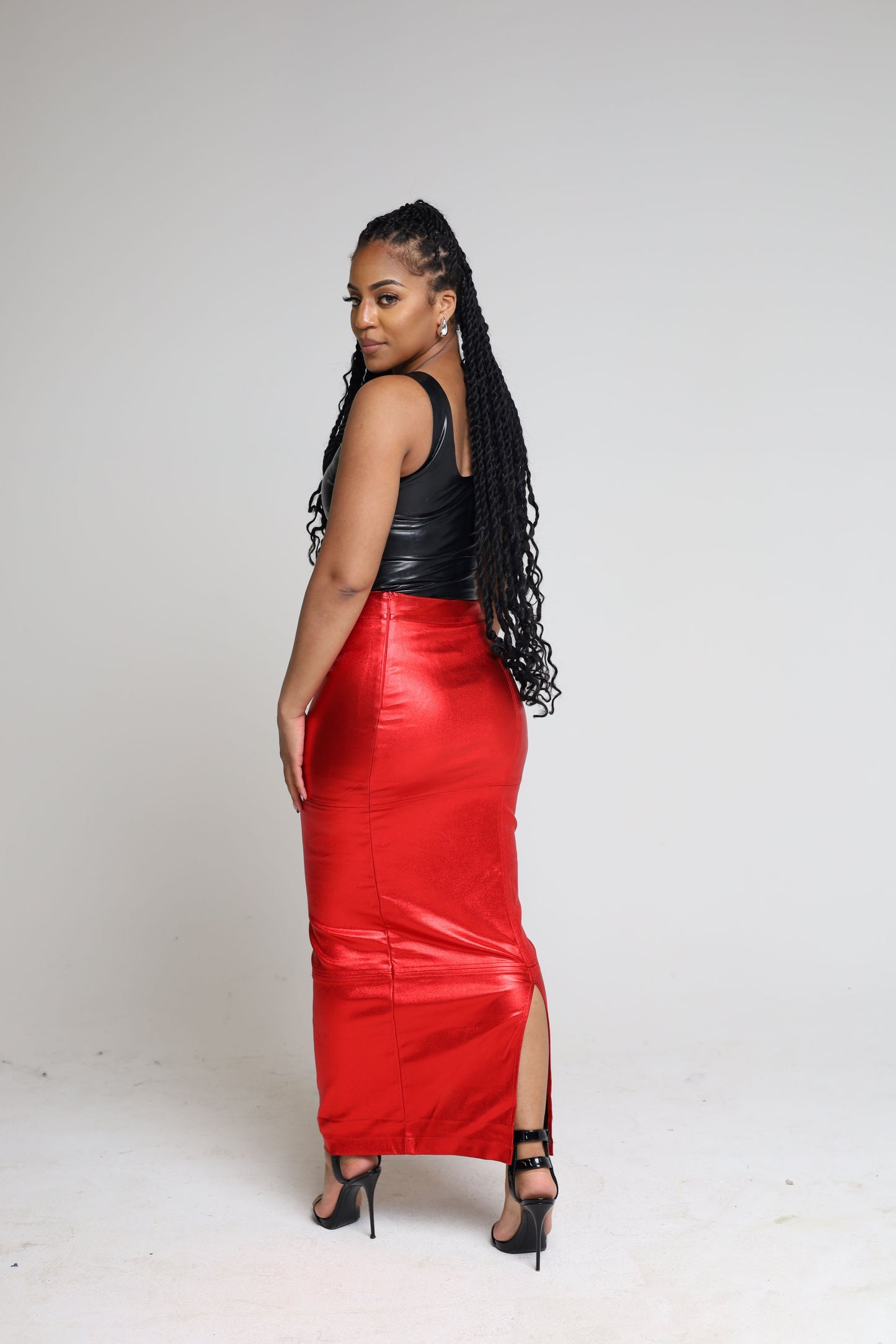 Coated Black Fitted Denim Maxi Skirt