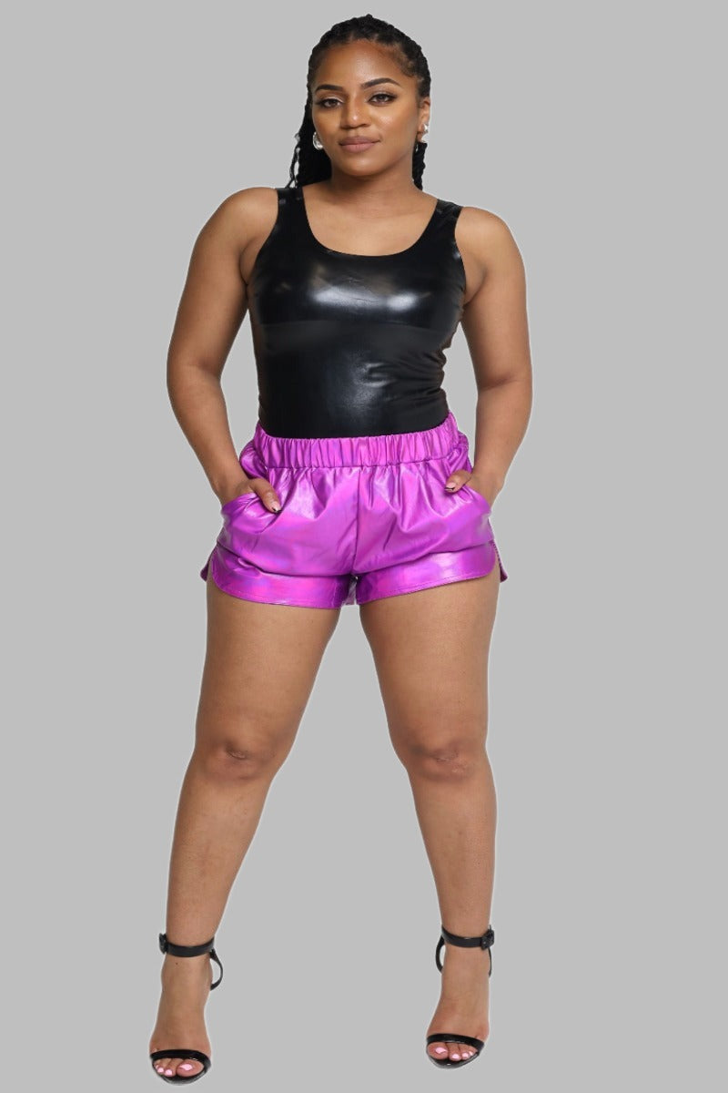 Metallic Material Girl Side Pocket Leather Shorts
