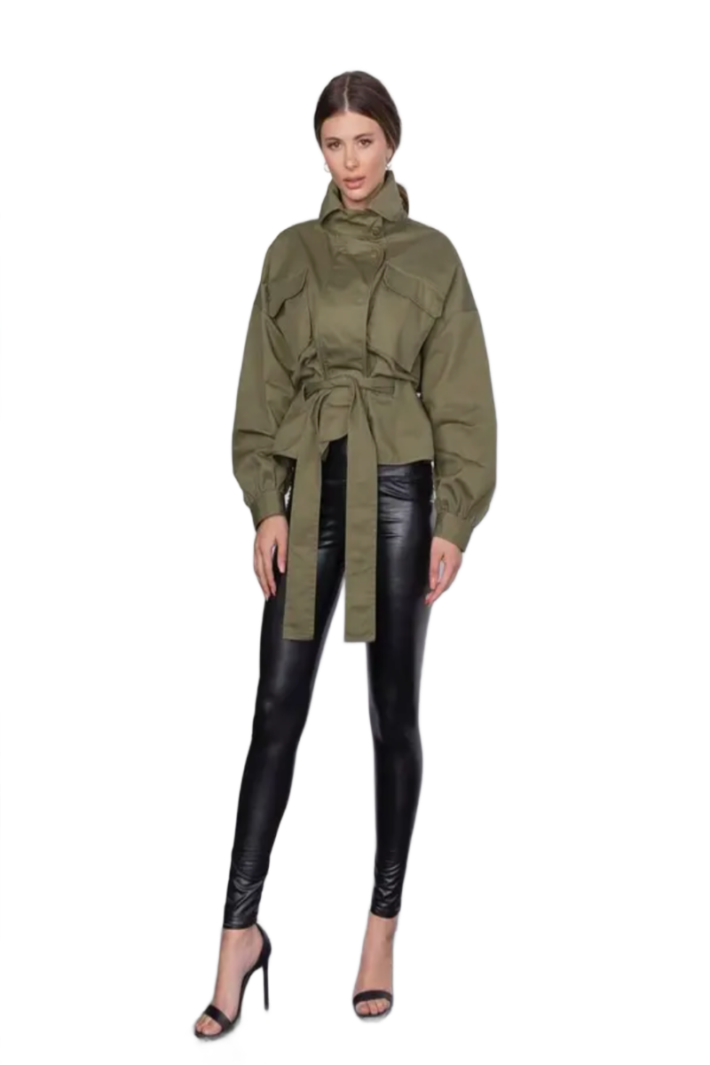 Olive High-Collared Anorak Jacket with Cargo Pockets
