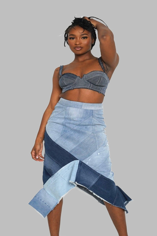 Pieced Denim Midi Skirt